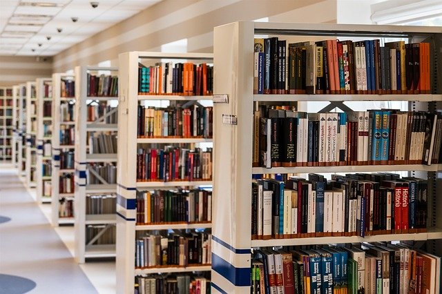 Biblioteka jako centrum kultury w cyfrowej erze Wnętrze nowoczesnej biblioteki z regałami pełnymi książek.